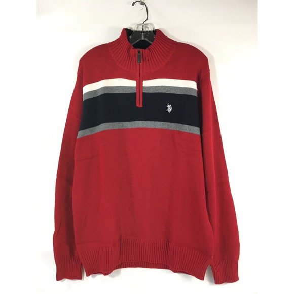 US Polo Assn. Quarter Zip Mock Neck Sweater Large Engine Red Stripe - Picture 2 of 10